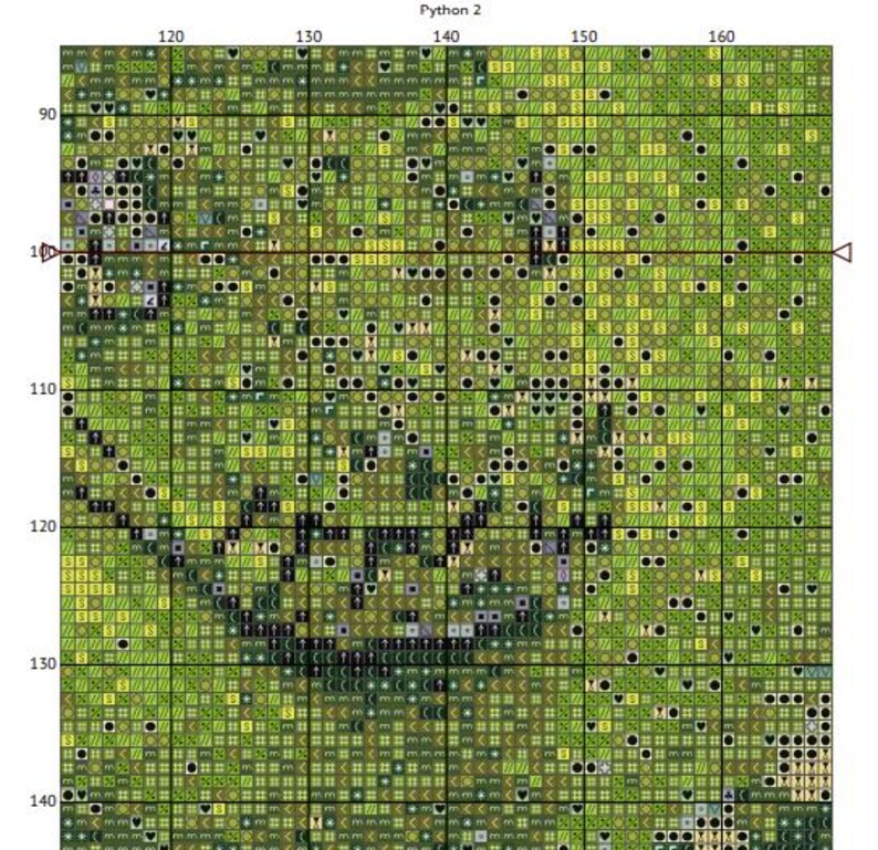 May include: A pixel art image of a green, brown, and black design. The design is made up of small squares, each with a different color and pattern. The image is labeled "Python 2" at the top.