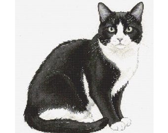 Tuxedo Cat Watercolor Cross Stitch Pattern - Design size: 200 x 200 stitches