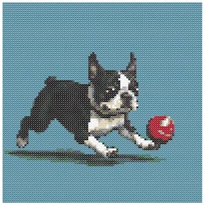 Boston Terrier with Ball Cross Stitch Pattern - Design size: 100 x 100 stitches
