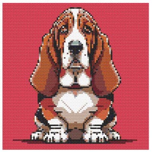 Basset Hound in Red Cartoon Dog Cross Stitch Pattern - Design size: 100 x 100 stitches
