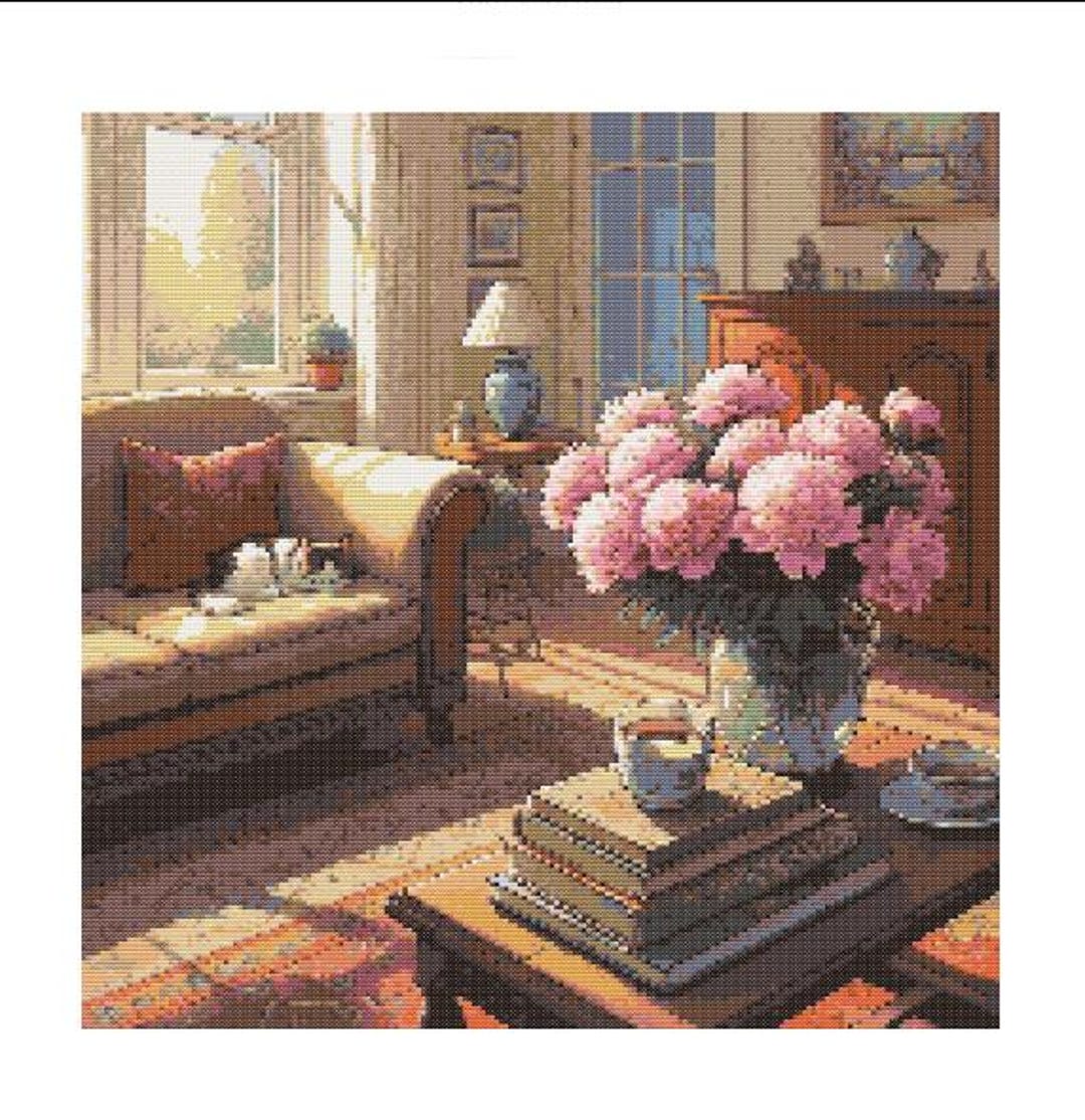 静かなリビングルームの午後 クロスステッチ図案 - 200 x 200ステッチ