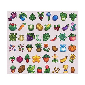 May include: A collection of pixelated vegetables and fruits, including carrots, corn, and strawberries, arranged in a grid pattern. The image features a variety of colorful produce, such as a pumpkin, banana, and sunflower, in a cross-stitch style.