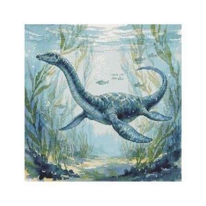 May include: A cross-stitch design of a plesiosaur swimming underwater. The prehistoric marine reptile is depicted in shades of blue and green, surrounded by aquatic plants and small fish. The artwork has a pixelated, textured appearance.