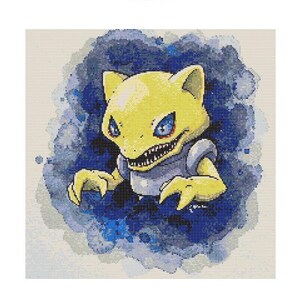Könnte beinhalten: Ein gelbes Pokémon mit einem bedrohlichen Ausdruck, scharfen Zähnen und leuchtend roten Augen, ist in Aquarelltechnik vor einem blauen und violetten Hintergrund dargestellt.