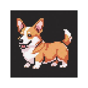 Può includere: Illustrazione pixelata di un cane Corgi. Il cane è raffigurato in tonalità arancioni, bianche e nere, con un'espressione allegra e una piccola coda dritta. Lo sfondo è nero pieno.