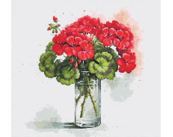 Geraniums in Vase Watercolor Cross Stitch Pattern - Design size: 200 x 200 stitches