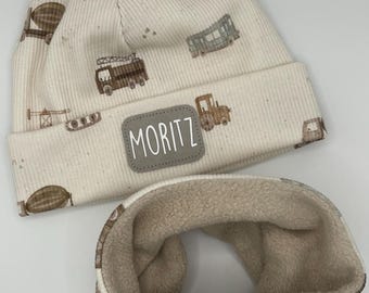 Beanie-Loop-Set/ Hat/ Scarf/ Without Fleece/ With Fleece/ Baby/ Children/ Adults/ Spring/ Autumn/ Winter/ Sibling Hat/ Excavator/ Flowers