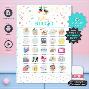 Anniversaire cartes de bingo - chasse au trésor - 25 cartes mélangées - activité sans écran - jeux de société pour enfants - carte numérique imprimable