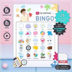 Trouvez quelque chose cartes de bingo - chasse au trésor - 25 cartes mélangées - activité sans écran - jeux de société pour enfants - carte numérique imprimable