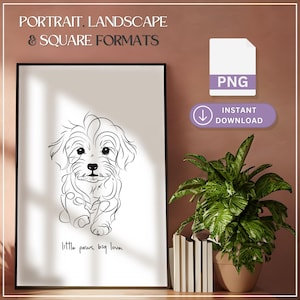 Peut inclure: Un dessin au trait noir et blanc d'un petit chien avec le texte "little paws, big love." L'image est dans un cadre blanc sur un fond rose.