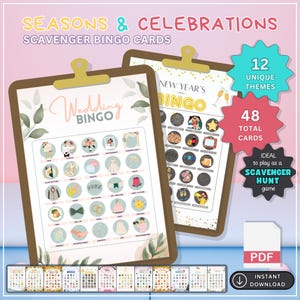 Cartes de bingo pour la chasse au trésor - Saisons et célébrations - 48 cartes - Activité sans écran - Jeux de société pour enfants - Carte numérique imprimable