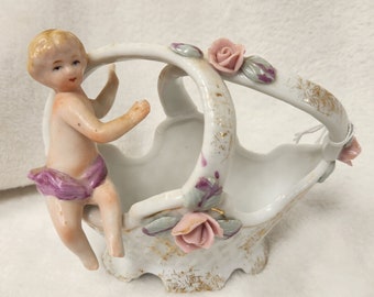 Vintage Porcelain Basket Pink Roses and Child