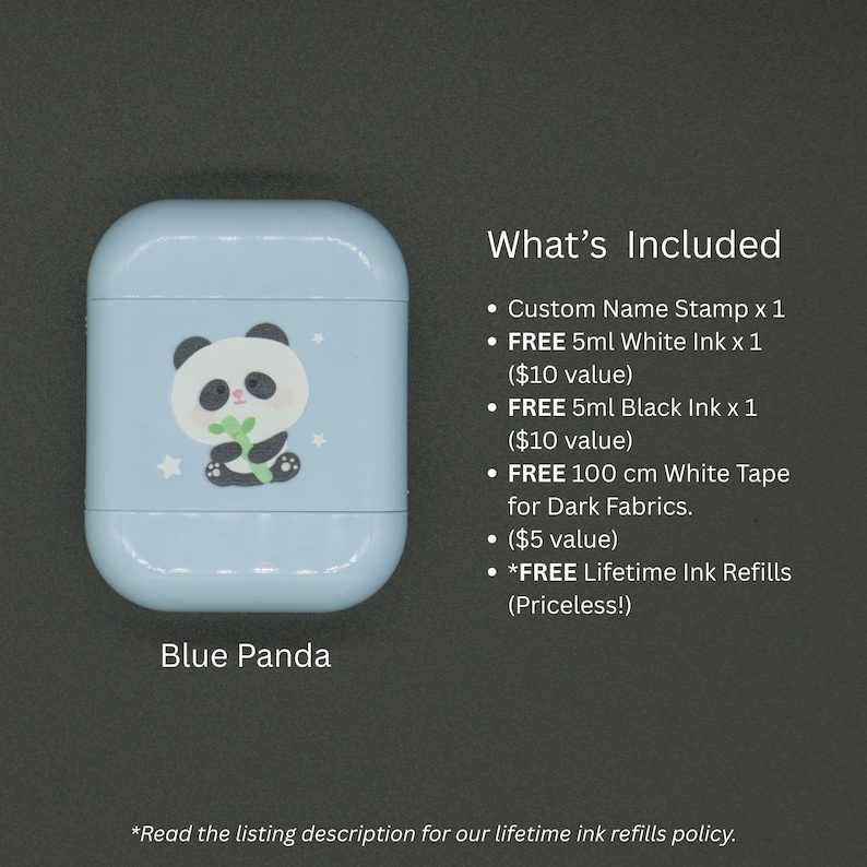 May include: A light blue custom name stamp with a panda design. The stamp includes a custom name stamp, 5ml white ink, 5ml black ink, and 100 cm white tape for dark fabrics. The text "Blue Panda" is at the bottom.