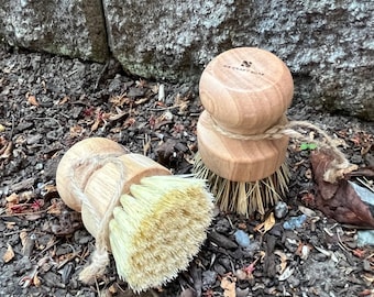 May include: Two wooden dish brushes with natural bristles. The brushes have a wooden handle and a natural fibre brush head. The brushes are on a brown surface with leaves and twigs.