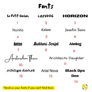 Op de afbeelding: Een tabel met 14 verschillende lettertypen, elk met een nummer en een naam. De lettertypen worden weergegeven in een rasterformaat, met de titel "Fonts" bovenaan. De tekst onderaan de tabel luidt "*Stuur ons uw lettertypen als u ze hier niet kunt vinden."