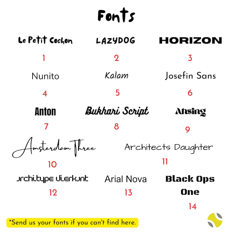 Op de afbeelding: Een tabel met 14 verschillende lettertypen, elk met een nummer en een naam. De lettertypen worden weergegeven in een rasterformaat, met de titel "Fonts" bovenaan. De tekst onderaan de tabel luidt "*Stuur ons uw lettertypen als u ze hier niet kunt vinden."