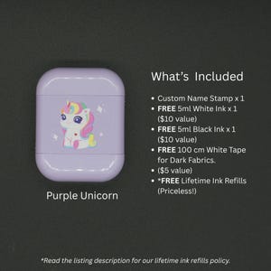 May include: A light purple AirPod case with a cartoon unicorn design. The case has a rounded rectangular shape and the text "Purple Unicorn" is printed on the bottom. The image also lists what's included with the purchase.