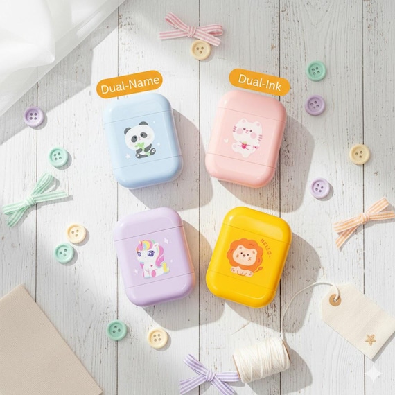Kids Name Stamp – Dual‑Ink Self‑Inking Fabric Label | Lifetime Free Ink Refill + 100 cm White Tape
