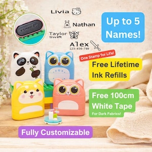 Custom Name Stamp for Kids – Custom Clothing Label with Dual-Ink, Free Lifetime Ink Supply & 100 cm White Tape