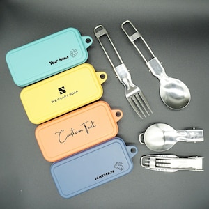 Juego de cubiertos plegables personalizados: cuchara y tenedor compactos de acero inoxidable + cuchillo de regalo. Portátil, reutilizable, regalo para la escuela y camping.