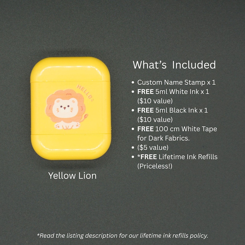 May include: A yellow case with a lion graphic and the word "HELLO" printed on it. The text "Yellow Lion" is below the case. The image also includes a list of included items, such as a custom name stamp and ink.