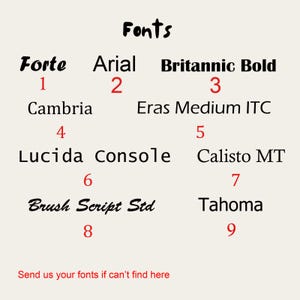 May include: A beige graphic displaying the word "Fonts" in black, with nine font names and numbers below. The fonts include Forte, Arial, Britannic Bold, Cambria, Eras Medium ITC, Lucida Console, Calisto MT, Brush Script Std, and Tahoma. Text at the bottom reads "Send us your fonts if can't find here."
