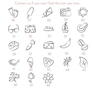May include: A collection of black and white line art icons, including a camera, ice cream cone, and sailboat. The text "Contact us if you can't find the icon you love" is at the top. The icons are numbered 26 through 48.