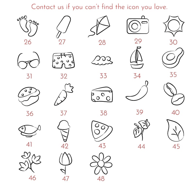 May include: A collection of black and white line art icons, including a camera, ice cream cone, and sailboat. The text "Contact us if you can't find the icon you love" is at the top. The icons are numbered 26 through 48.