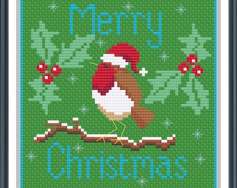 Christmas Robin Cross Stitch Pattern, Christmas Card Pattern, Downloadable PDF Chart, DIY Christmas Decoration, Bird Cross Stitch Chart.