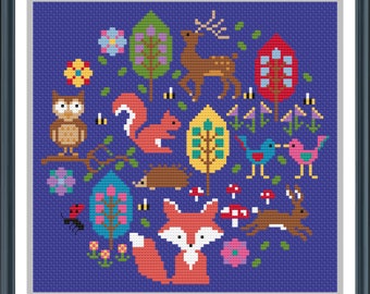 Woodland Sampler Cross Stitch PDF Pattern, Woodland Animals Cross Stitch, Digital Cross Stitch Chart, Cottagecore,  Downloadable XStitch