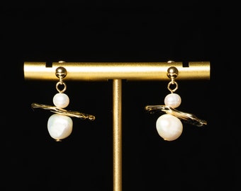 3D Orbital Earrings, 18k Gold Plated with Freshwater Pearls