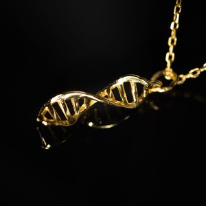 May include: A gold necklace with a DNA double helix pendant. The pendant is a three-dimensional model of the molecule.