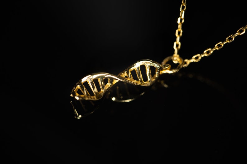 May include: A gold necklace with a DNA double helix pendant. The pendant is a three-dimensional model of the molecule.