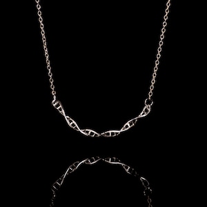 May include: A silver necklace with a double helix pendant, a symbol of DNA, against a black background.
