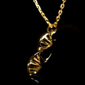 May include: A gold chain necklace with a pendant shaped like a DNA double helix.