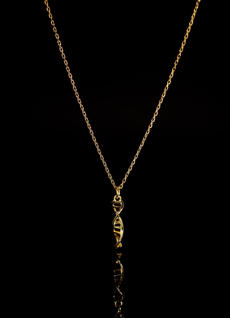 May include: A gold chain necklace with a gold pendant shaped like a double helix, a symbol of DNA.