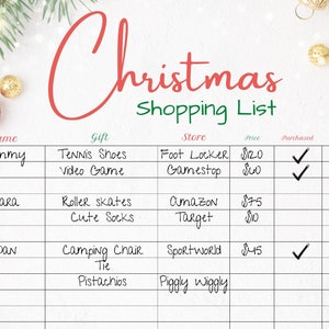 Christmas Gift Planner, Printable Holiday Checklist, Gift Budget Tracker, Holiday Planner, Simple Gift List, PDF, Shopping List, Wish List template decorated with christmas ornaments and christmas tree  filled out with names and gifts