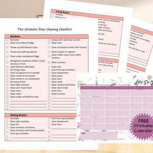 3 pages of house cleaning chores listed by room with check boxes next to each entry.  Inset of free purple calendar.  Pages are against a backdrop of clean and bright living room