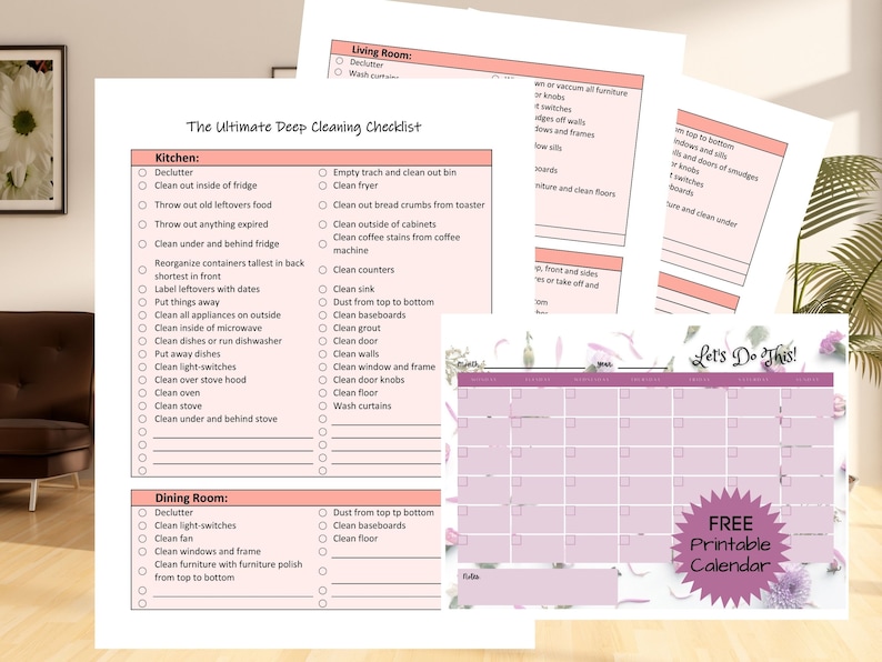 3 pages of house cleaning chores listed by room with check boxes next to each entry.  Inset of free purple calendar.  Pages are against a backdrop of clean and bright living room