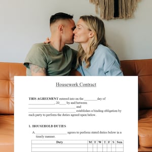 May include: A black and white housework contract with the text "Housework Contract" at the top. The contract includes a section for household duties and a table to track who is responsible for each duty on which day of the week.