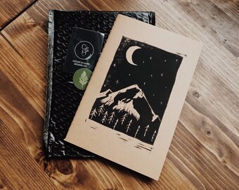 Linocut Print Notebook | Kraft Journal | Mountain Moon Notebook | Hand-Carved Stamp Print | blank notebook | A5 journal | grimoire