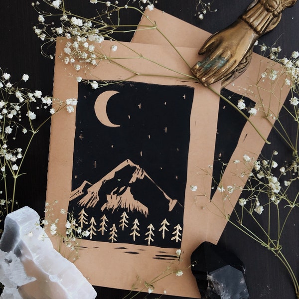 Embellished Linocut Print Notebook | Kraft Journal | Gold Leaf Mountain Moon Notebook | Hand-Carved Stamp Print | blank notebook | A5