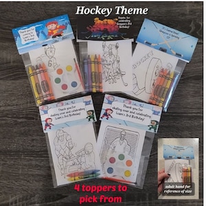 Hockey theme Favors Crayons or Painting Favor Bags.  1 Bag (1 child) includes 8-4x6 cards, Topper & either 5 assorted Crayons or Paint