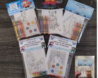Hockey theme Favors Crayons or Painting Favor Bags.  1 Bag (1 child) includes 8-4x6 cards, Topper & either 5 assorted Crayons or Paint