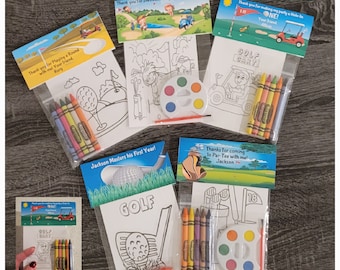 Hole in One-Golf Theme Party Favor Bags.  1 bag (1 child) includes 8-4x6 Cards, Personalized Topper & either 5 assorted Crayons or Paint