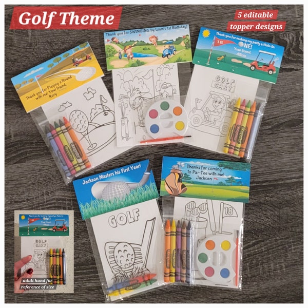 Hole in One-Golf Theme Party Favor Bags.  1 bag (1 child) includes 8-4x6 Cards, Personalized Topper & either 5 assorted Crayons or Paint