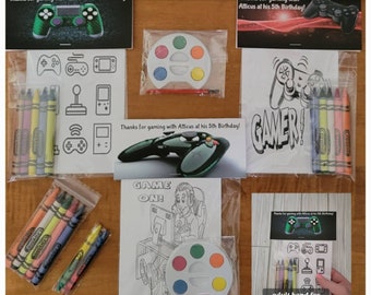 Gamer or Controller Party Favor Bags.  1 bag (1 child) includes 8-4x6 Cards, Personalized Topper & either 5 assorted Crayons or Paint