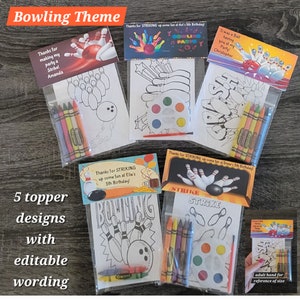 Bowling Theme Party Favor Bags.  1 bag (1 child) includes 8-4x6 Cards, Personalized Topper & either 5 assorted Crayons or Paint