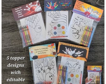May include: Five clear plastic bags containing coloring sheets and art supplies. Each bag has a printed cardstock topper with bowling graphics and text like 'Thanks for STRIKING up some fun'. Included are crayons and small paint palettes with brushes.