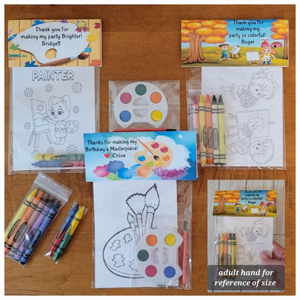 Little Painter Theme Party Favor Bags.  1 bag (1 child) includes 8-4x6 Cards, Personalized Topper & either 5 assorted Crayons or Paint